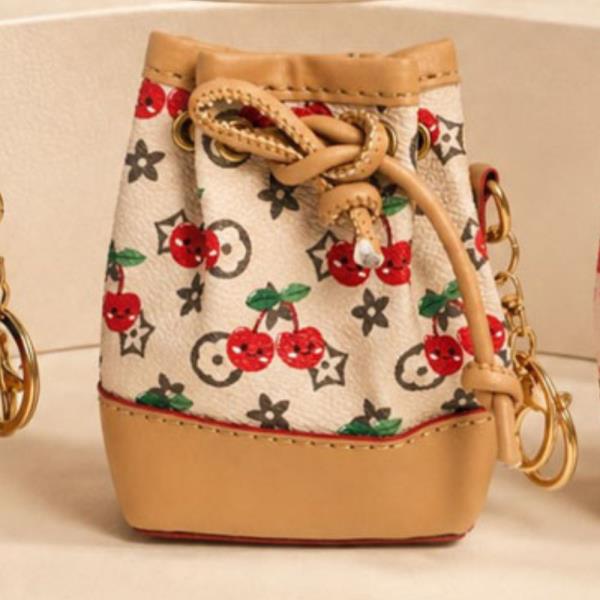 FAUX LEATHER FLORAL MONOGRAM LACE UP BUCKET BAG CHARM KEYCHAIN