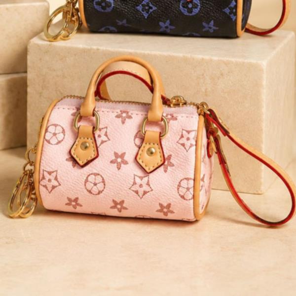 FAUX LEATHER MONOGRAM BARREL CROSSBODY BAG CHARM KEYCHAIN