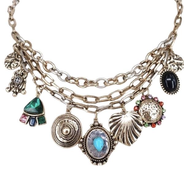 Crystal Stone Metal Two Tone Shell Charm Necklace