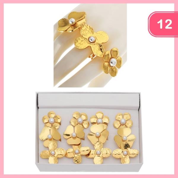 Stainless Steel Flower Pearl Ring (12 Units)
