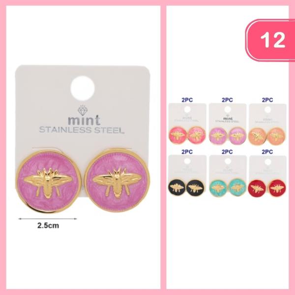 Stainless Steel Round Bee Post Earrings (12 Units)