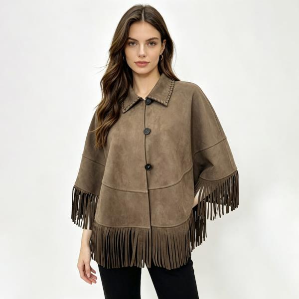 FAUX SUEDE FRINGE HEM CAPE JACKET