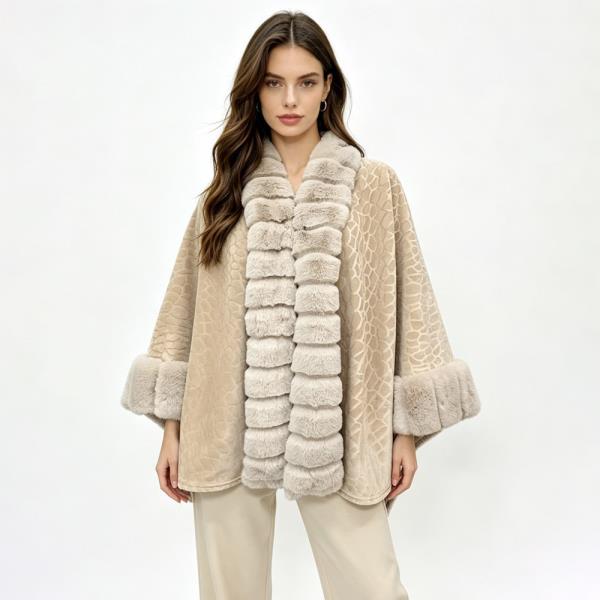 TEXTURED FAUX FUR-TRIMMED CAPE SHAWL