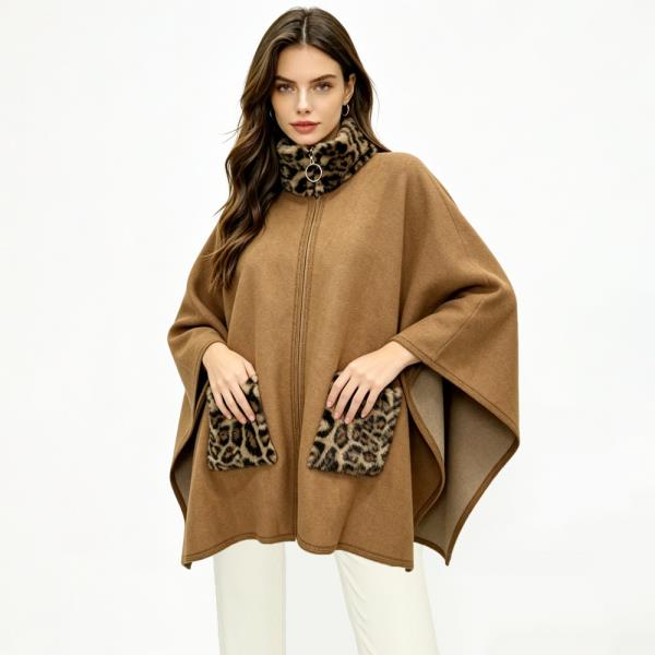 ZIP-UP STAND COLLAR PONCHO WITH ANIMAL PRINT FUR POCKETS