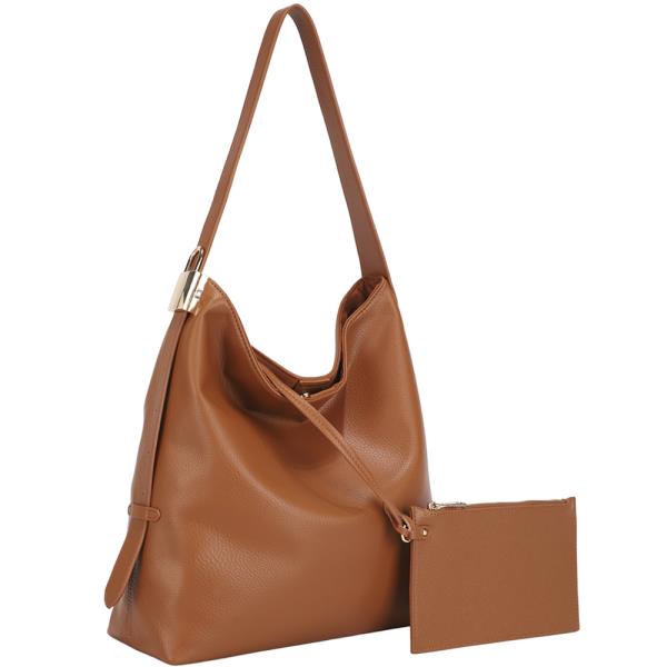 2IN1 TEXTURED PLAIN SHOULDER HOBO BAG W POUCH SET