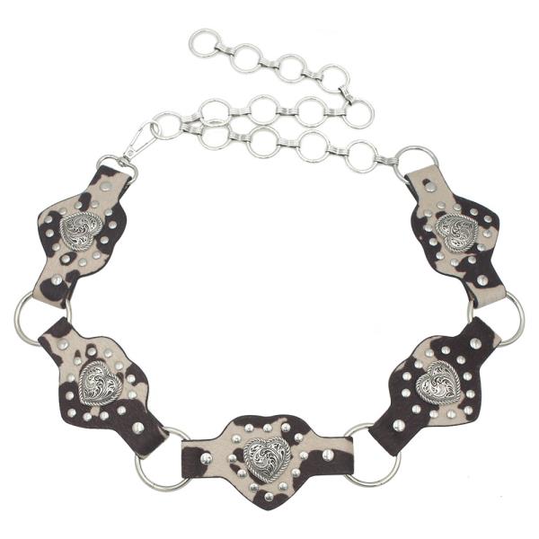 Heart Concho Pin Stud Link Cow Print Belt