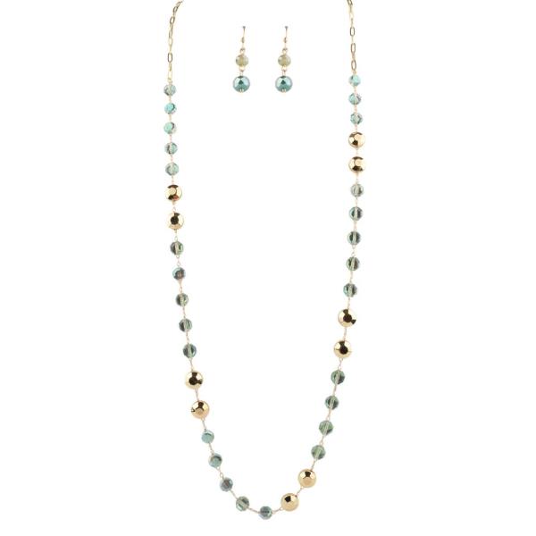 Faceted Bead Long Necklace Earring Set