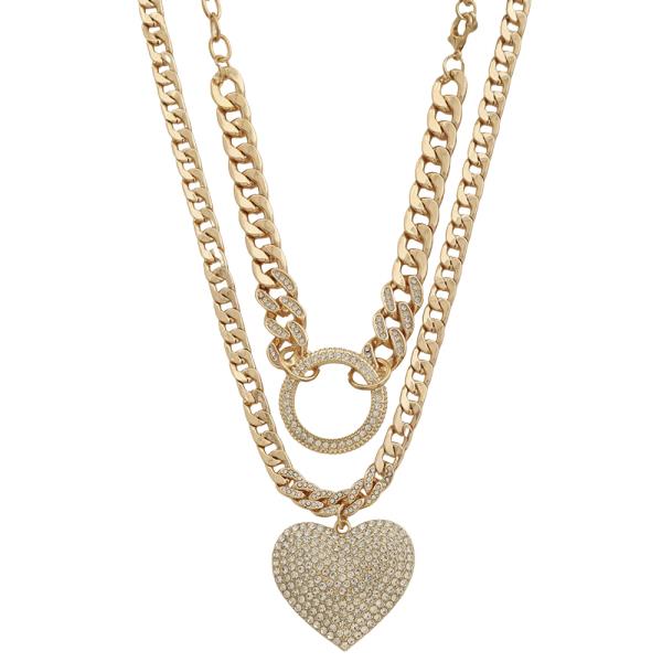 SDJ RHINESTONE HEART ROUND PENDANT LINK CHAIN NECKLACE