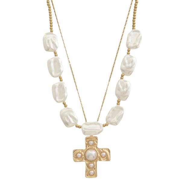 SDJ Pearl Cross Pendant Bead Layer Necklace