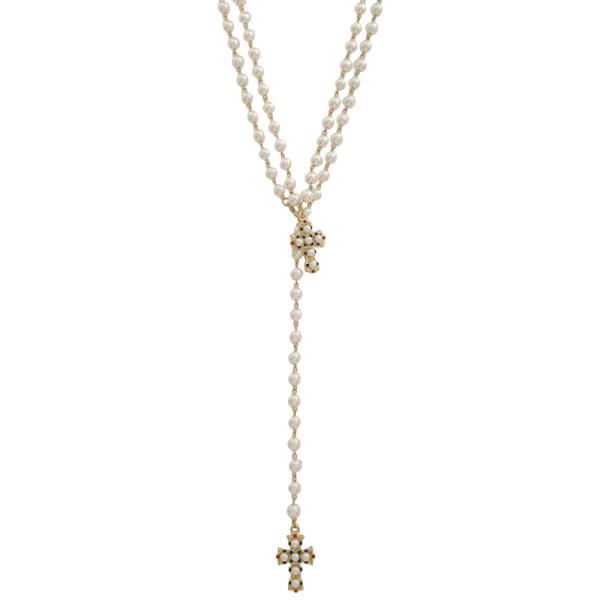SDJ Cross Pendants Pearl Lariat Rosary Necklace