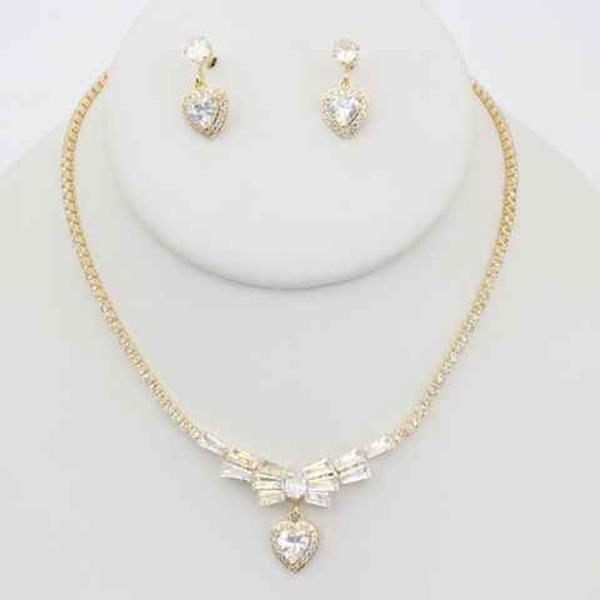 CZ Stone Crystal Pendant Necklace Earring Set