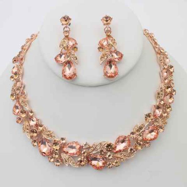 Rhinestone Crystal Stone Leaf Necklace Earring Set