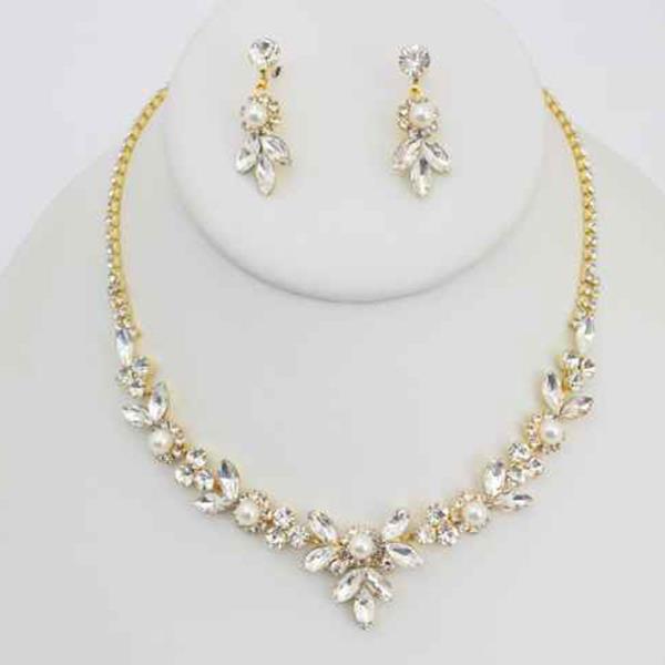 Rhinestone Crystal Pearl Necklace Earring Set