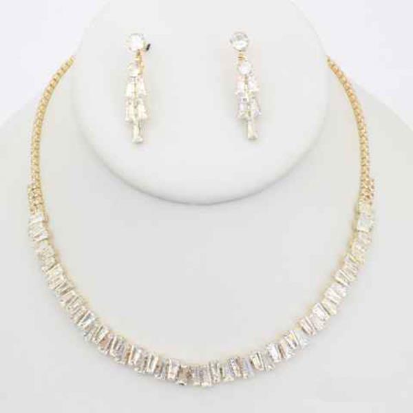 CZ STONE BAGUETTE TENNIS NECKLACE EARRING SET