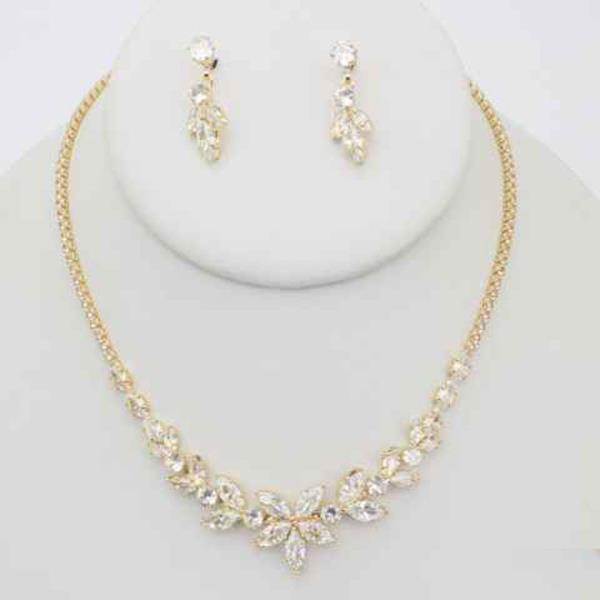 CZ STONE CRYSTAL STONE FLORAL VINE NECKLACE EARRING SET