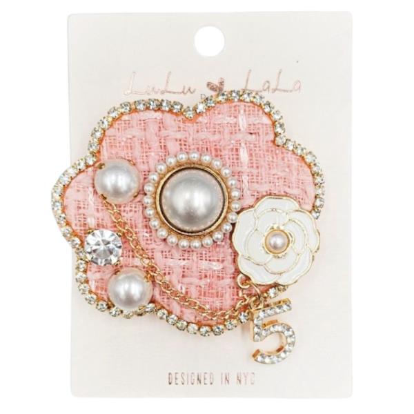 RHINESTONE PEARL TWEED FLORAL BROOCH