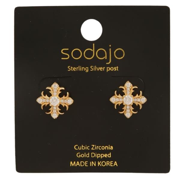 SODAJO GOLD DIPPED CZ ORNATE CROSS STUD EARRING