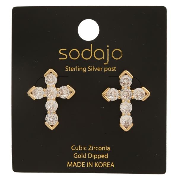 SODAJO GOLD DIPPED CZ CROSS STUD EARRING