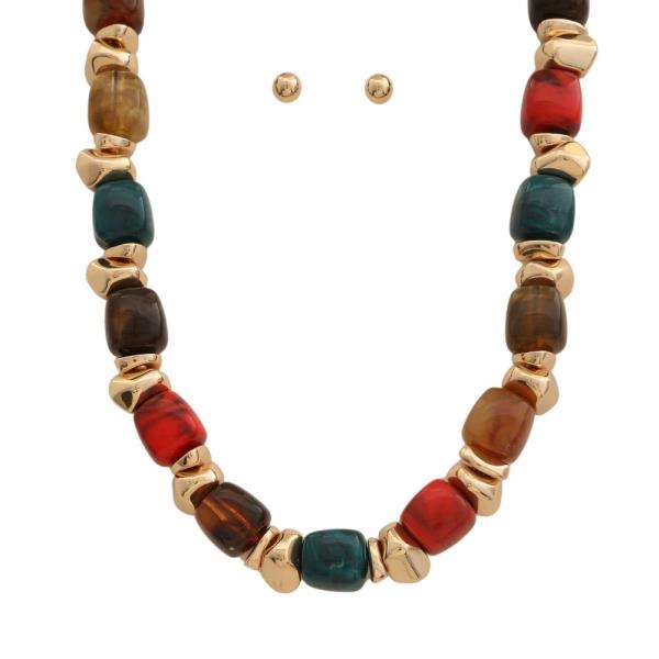 Square Marble Bead Statement Necklace Earring Set