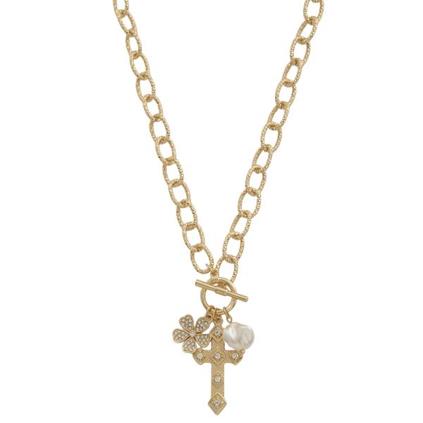 RHINESTONE FLOWER CROSS PEARL CHARM NECKLACE