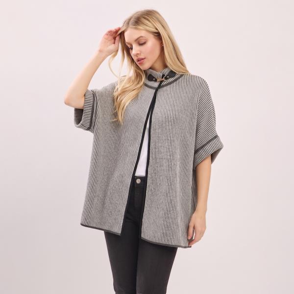 STRIPED PONCHO CARDIGAN WITH FAUX LEATHER BUCKLE ACCENT