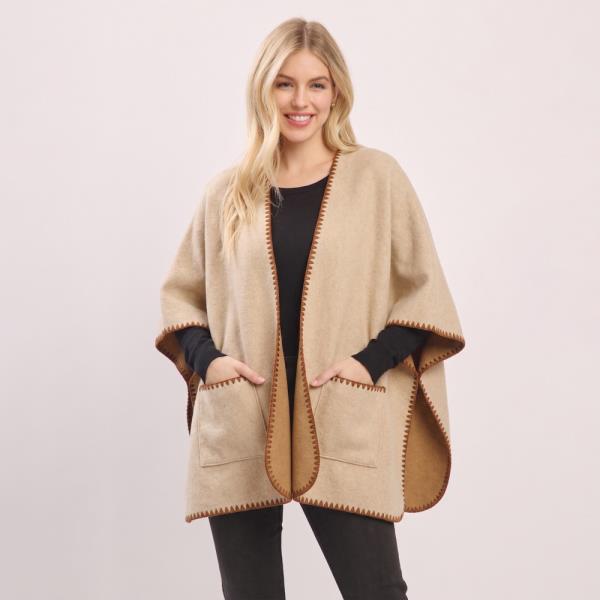 CONTRAST STITCH TRIM OPEN FRONT PONCHO WITH POCKET