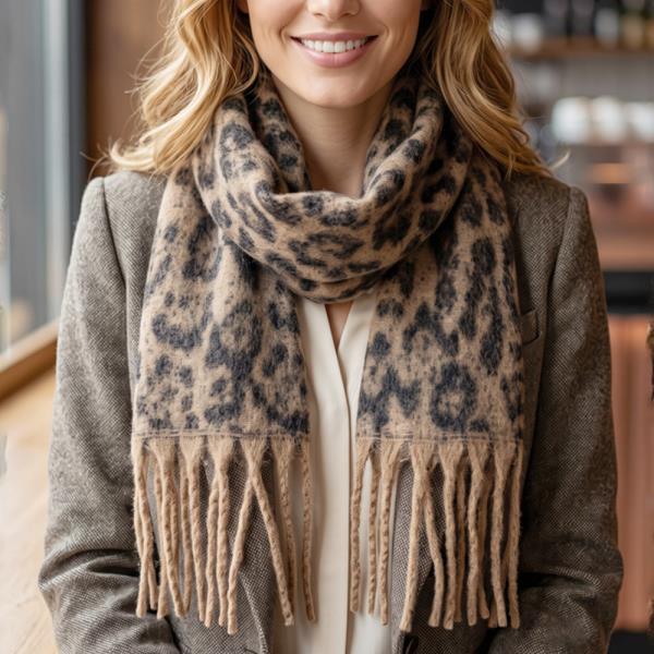 LEOPARD ANIMAL PRINT BRUSHED FRINGE SCARF