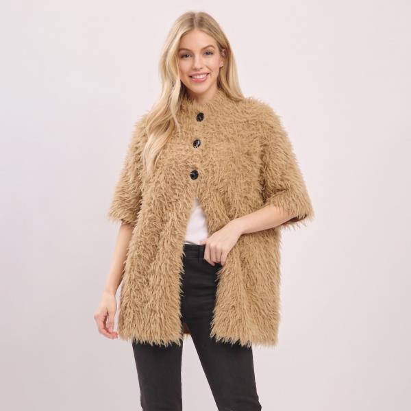FLUFFY FAUX FUR BUTTON-DOWN PONCHO