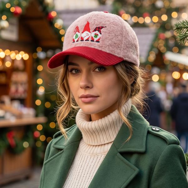CHRISTMAS GNOMES EMBROIDERED SHERPA CORDUROY CAP