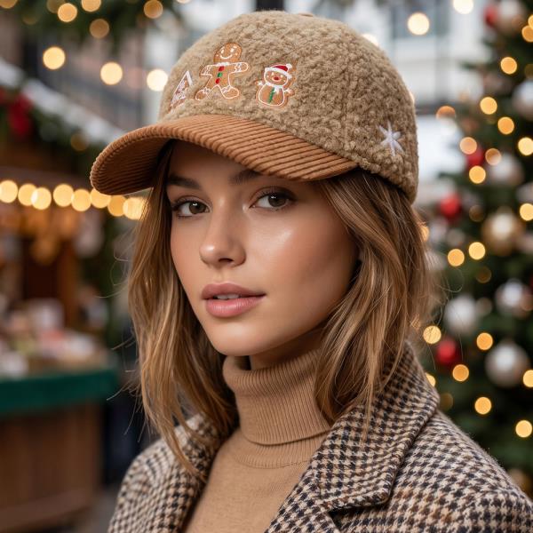 GINGERBREAD FAMILY EMBROIDERED SHERPA CORDUROY CAP