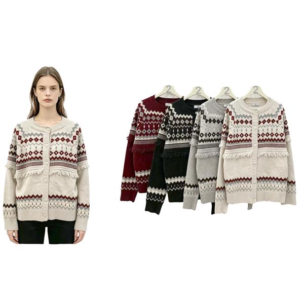 FAIR ISLE PATTERN FRINGE TRIM BUTTON FRONT KNIT CARDIGAN
