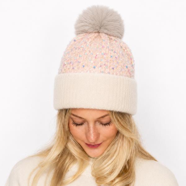 SEQUIN POM POM KNIT CUFF BEANIE
