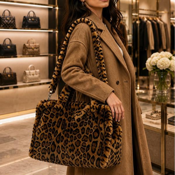 FAUX FUR LEOPARD PRINT TOTE BAG