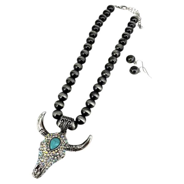 WESTERN RHINESTONE TURQUOISE STONE BULL SKULL BEADED NECKLACE EARRING SET