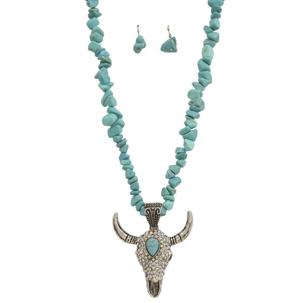 WESTERN RHINESTONE BULL SKULL CHIP BEAD NECKLACE EARRING SET