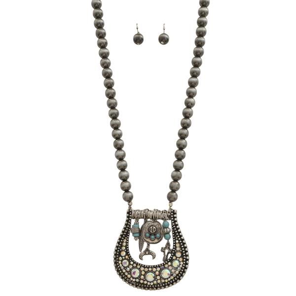 WESTERN CRYSTAL STONE MULTI CHARM BEADED NECKLACE EARRING SET
