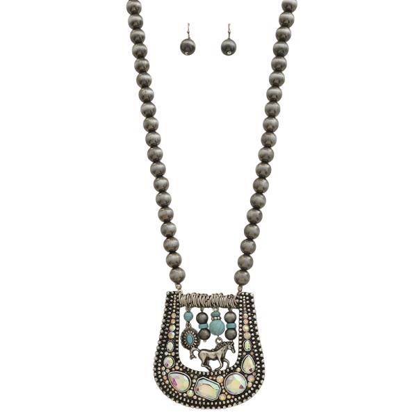 WESTERN CRYSTAL STONE HORSE BEADED NECKLACE EARRING SET
