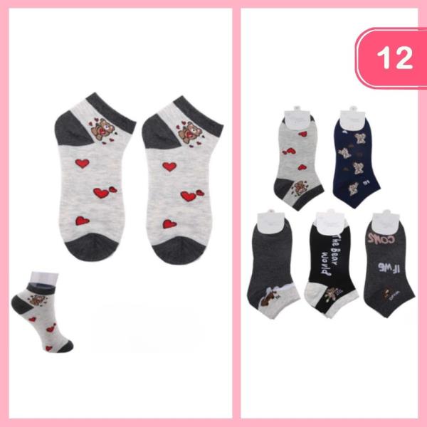 Heart Teddy Bear Pattern Ankle Socks (12 Units)