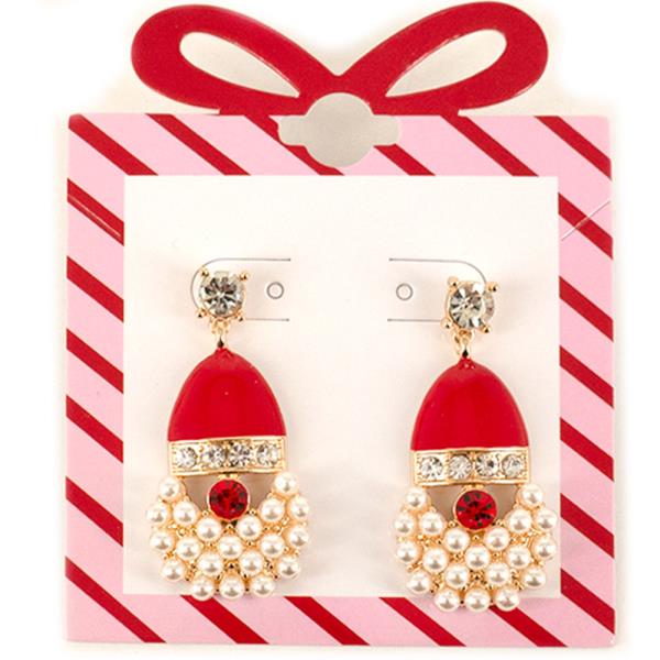 RHINESTONE PEARL SANTA DROP POST EARRING