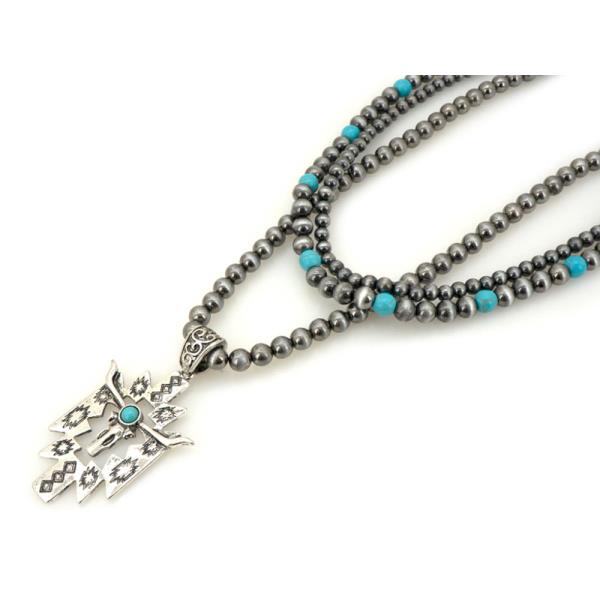 WESTERN STEER HEAD CROSS TRIPLE STRAND BEADED NECKLACE