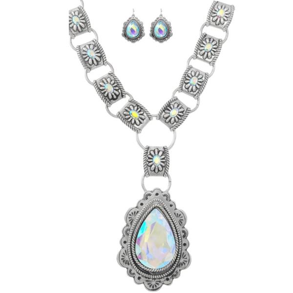 Semi Stone Teardrop Pendant Necklace Earring Set
