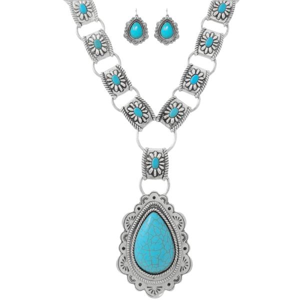 WESTERN SEMI STONE TEARDROP PENDANT NECKLACE EARRING SET