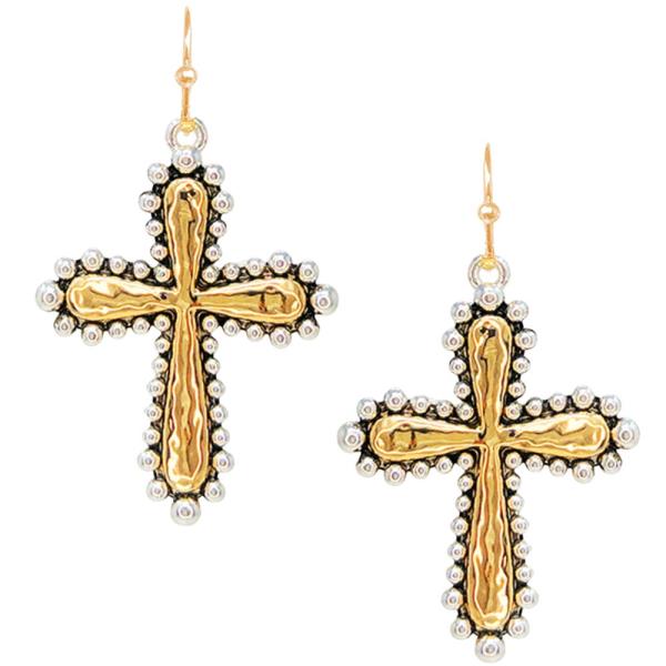 TWO TONE TEXTURED CROSS DANGLE EARRING