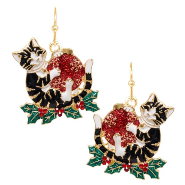 CHRISTMSA RHINESTONE CAT DANGLE EARRING