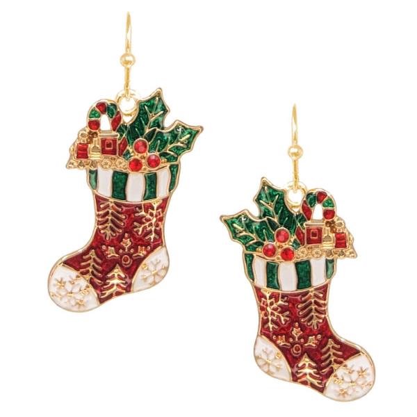 RHINESTONE CHRISTMAS STOCKING DANGLE EARRING