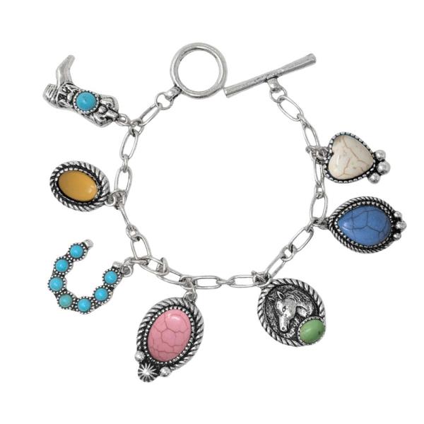 Western Semi Stone Multi Charm Toggle Bracelet