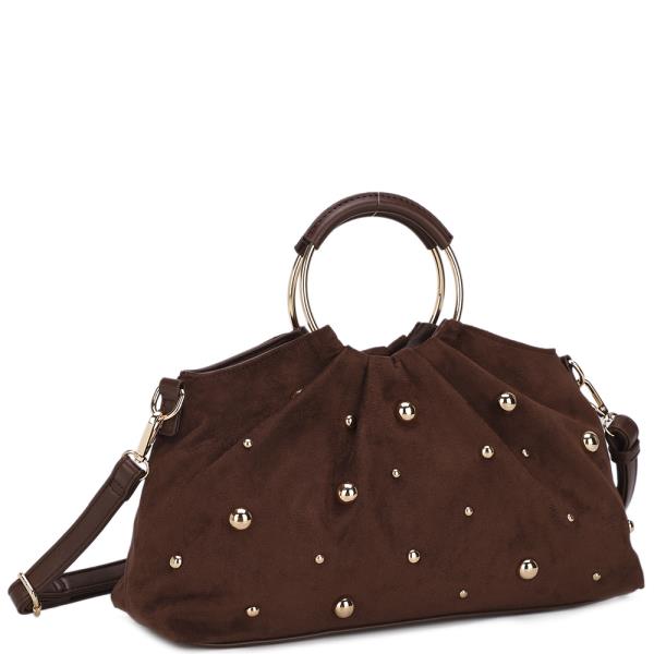 STUDDED SUEDE DESIGN HANDLE SATCHEL BAG