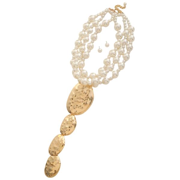 MULTI PEARL LAYER BEAD HAMMERED METAL LINEAR NECKLACE EARRING SET