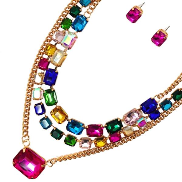 Layered Glass Necklace Earring Set