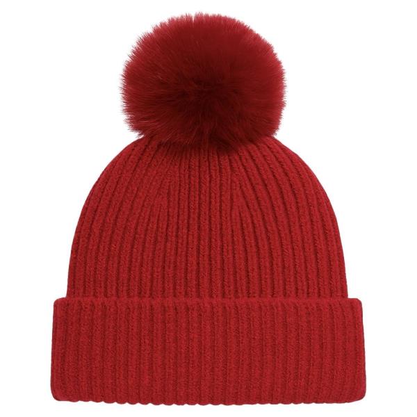 RIBBED KNIT FAUX FUR POM POM CUFF BEANIE